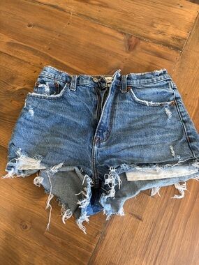 Abercrombie & Fitch High Rise Mom Distressed Denim Shorts - Blue